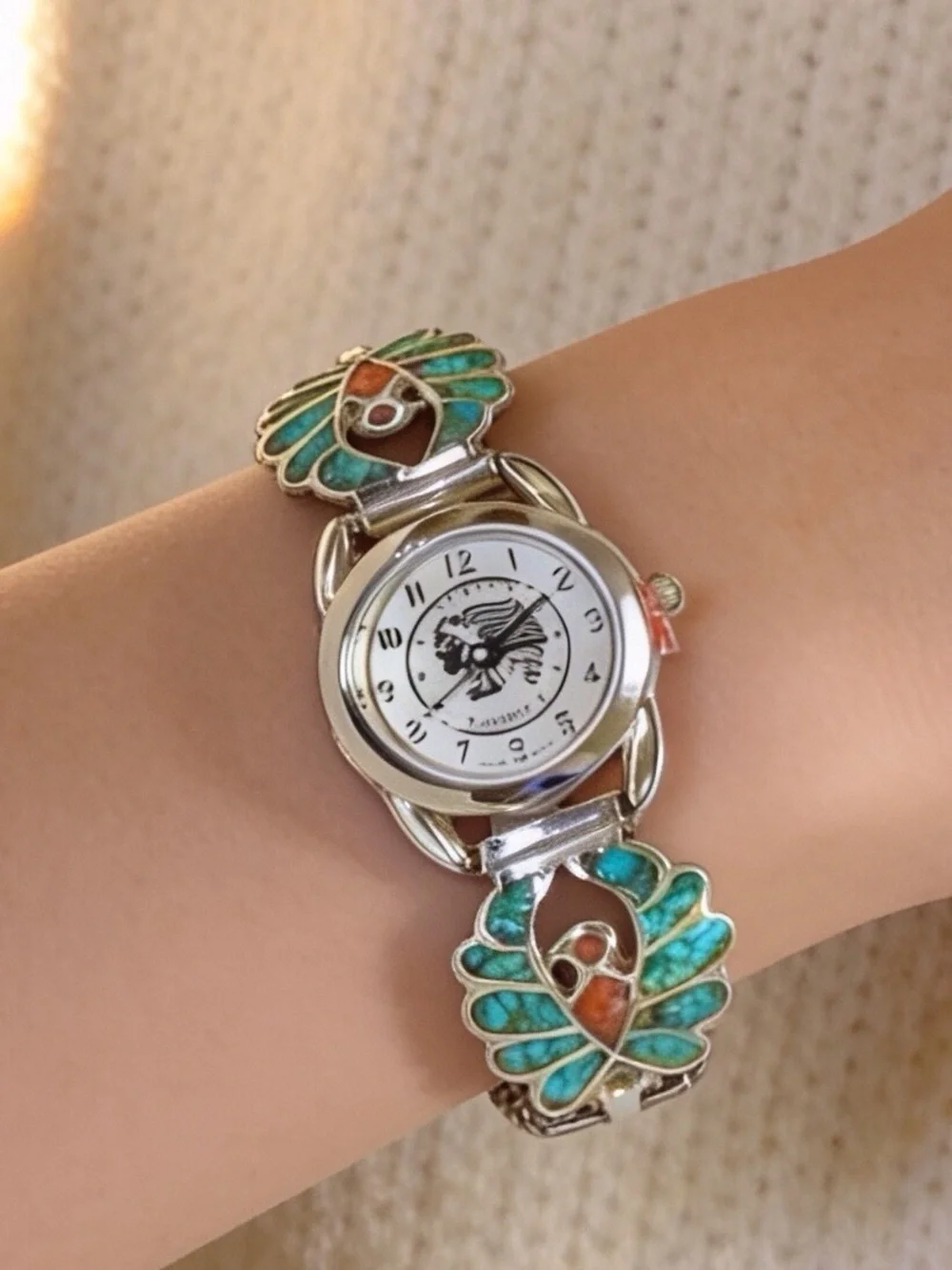 Ladies VTG Silver Navajo Turquoise/Coral Thunderbird Tips New Indian Head Watch